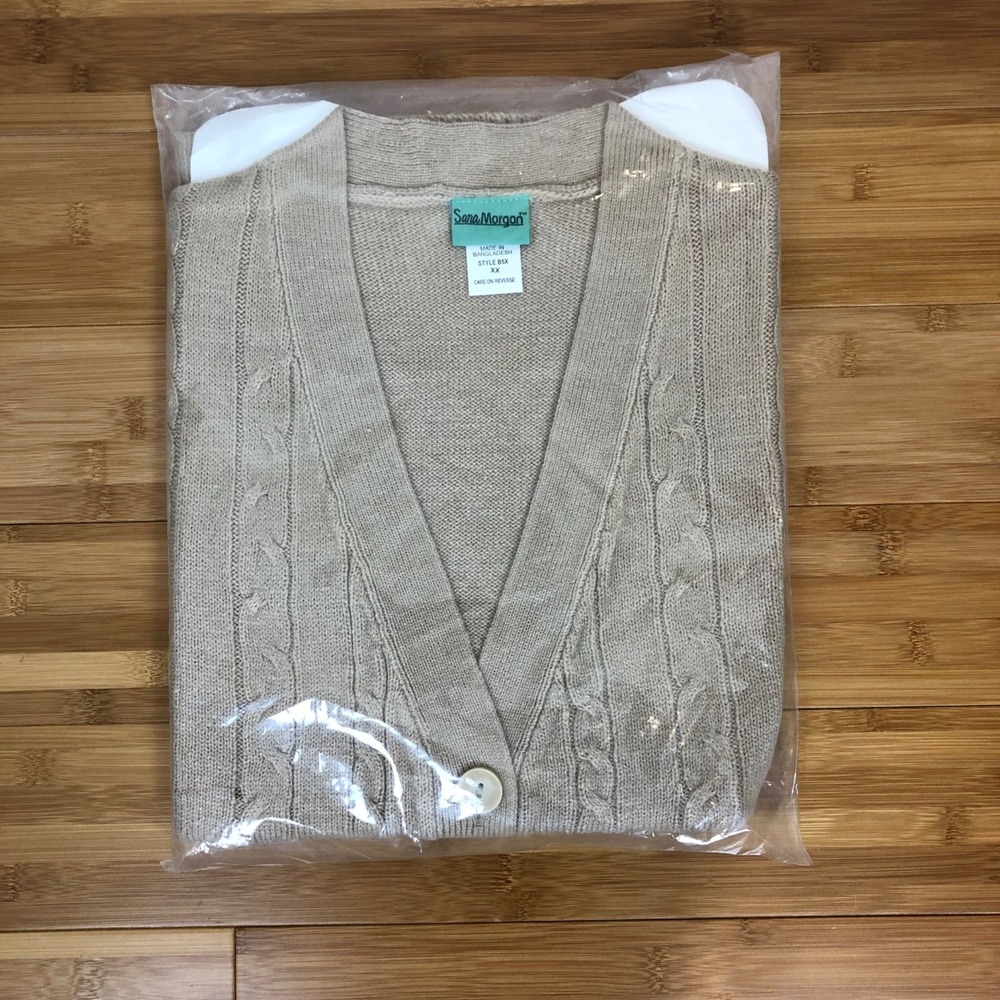 Sara Morgan Beige Tan Khaki Cable Knit Cardigan Sweater Vest Button UP‎ XX / 2X